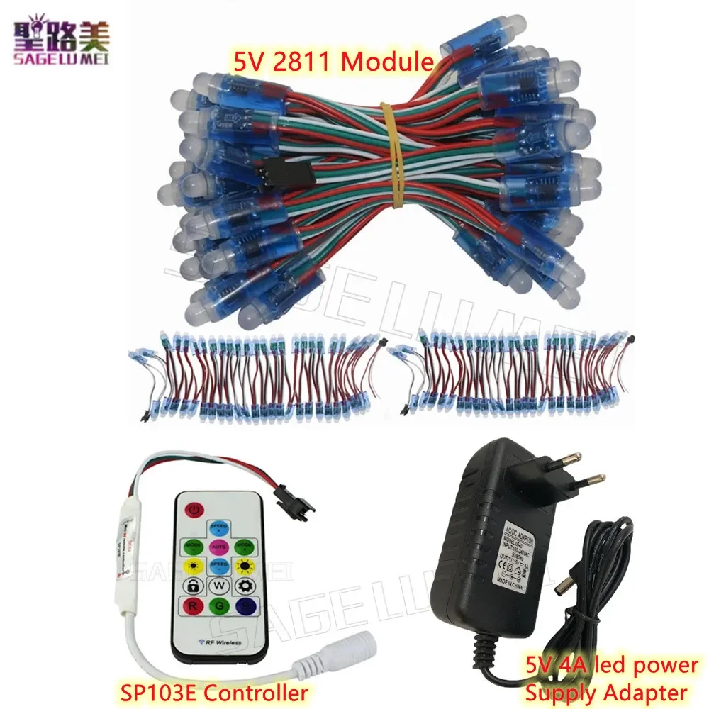 50 шт., WS2811 IC 5 в постоянного тока, красный зелёный синий, зеркальный модуль, полноцветный контроллер IP67 SP103E, 14 клавиш, Радиочастотный пульт дистанционного управления, 5 В, 4 а, адаптер источника питания