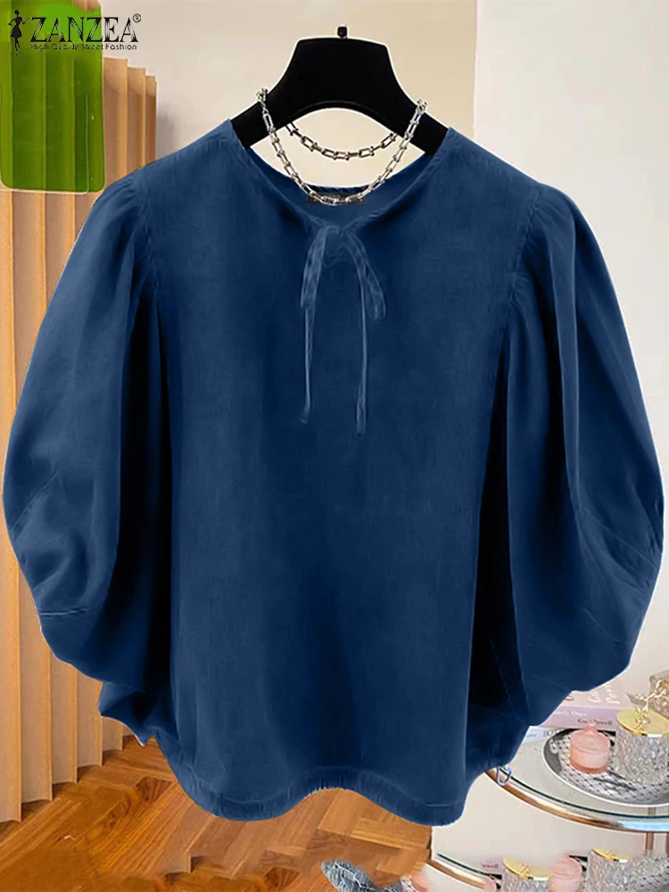 Фото Повседневная свободная блузка с завязками на подоле Blusas ZANZEA, женская однотонная блузка, модные топы с рукавами «летучая мышь» 3/4, осень 2024, синие туники с круглым вырезом №2