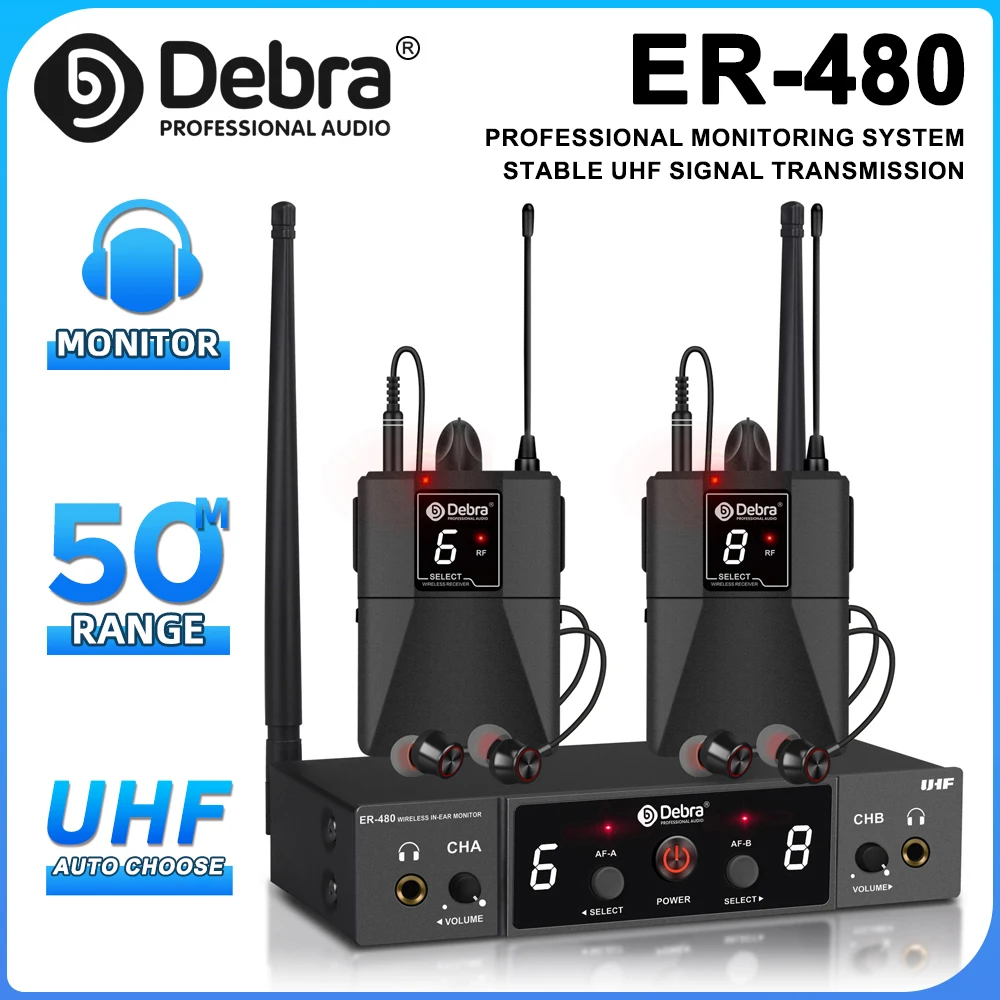 Беспроводная система внутриканальных мониторов Debra ER-480 UHF со стабильным сигналом и 50-метровым расстоянием передачи для использования в студии и сцены