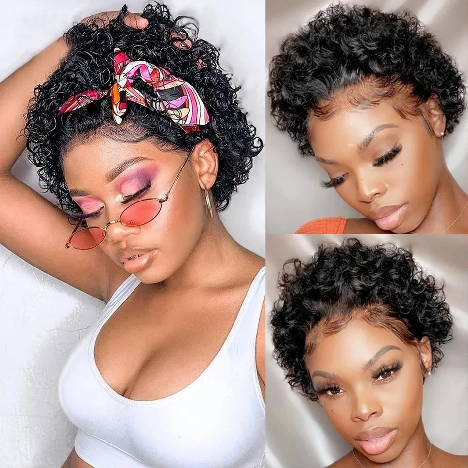 Короткий боб Pixie Cut 13X1 Прозрачные кружевные фронтальные вьющиеся человеческие волосы Парики Дешевые вьющиеся водные глубокие волны Парик шнурка Предварительно выпущенные человеческие волосы