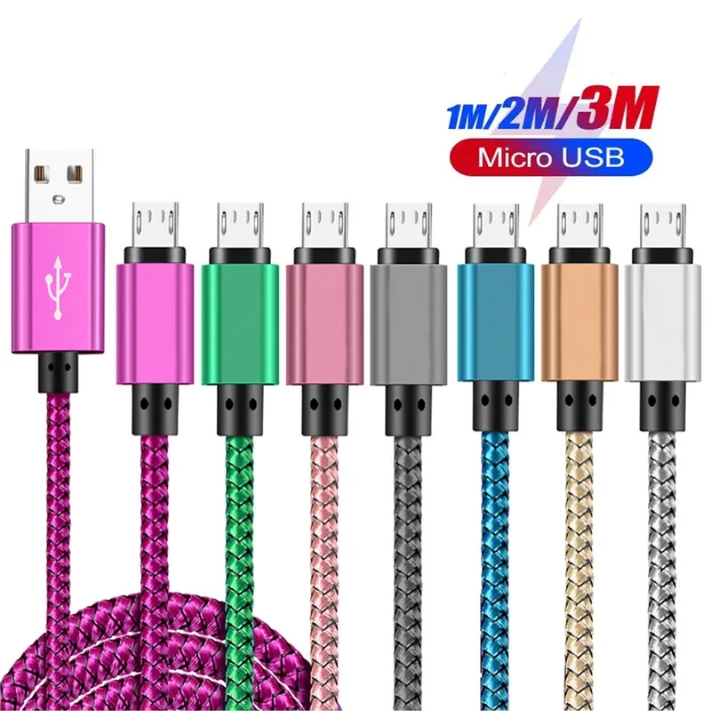 Нейлоновый плетеный кабель Micro USB для синхронизации данных 2A, быстрая зарядка, 1 м, 2 м, 3 м, зарядное устройство для телефона Samsung Huawei HTC Android