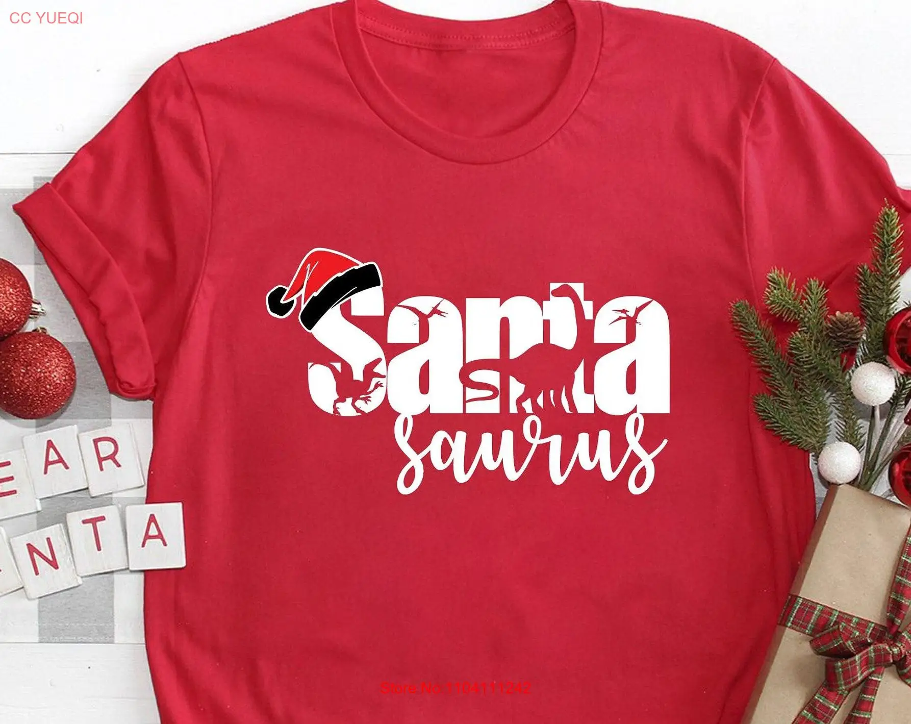 Santa Saurus T Shirt Dinosaur Christmas Funny Kids Tis The Season Groovy long or short sleeves