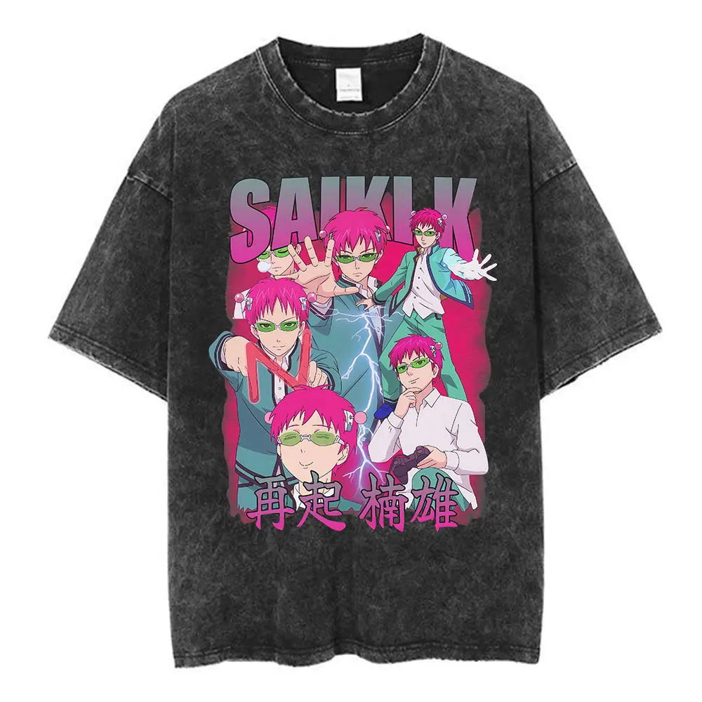 Фото Аниме The Disastrous Life of Saiki K Винтажная потертая футболка с короткими рукавами Saiki Kusuo Fashion Harajuku Хип-хоп Повседневные футболки №5