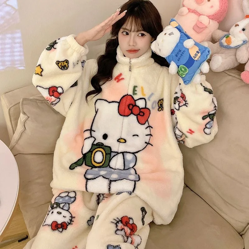 Cute Hello Kitty Fluffy Coral Fleece Pajamas Women Winter Long Sleeved Thickened Cartoon Fleece Lined Warm Loose Home Wear New