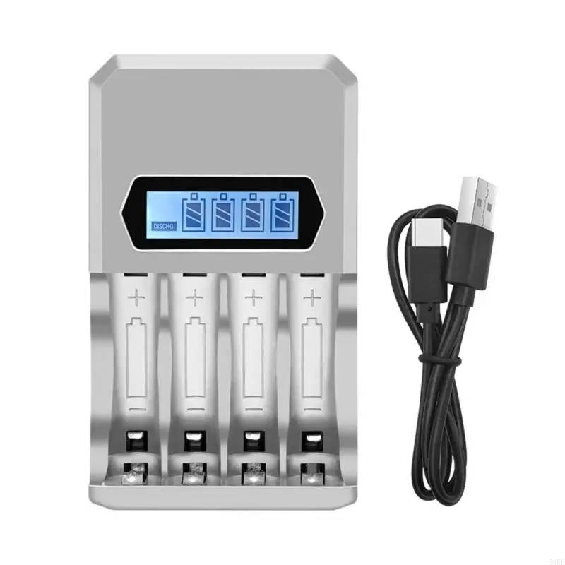 E65E 4 Bay AA 3A зарядное устройство Type C Type C Fast Зарядка Независимые слоты ЖК -дисплей