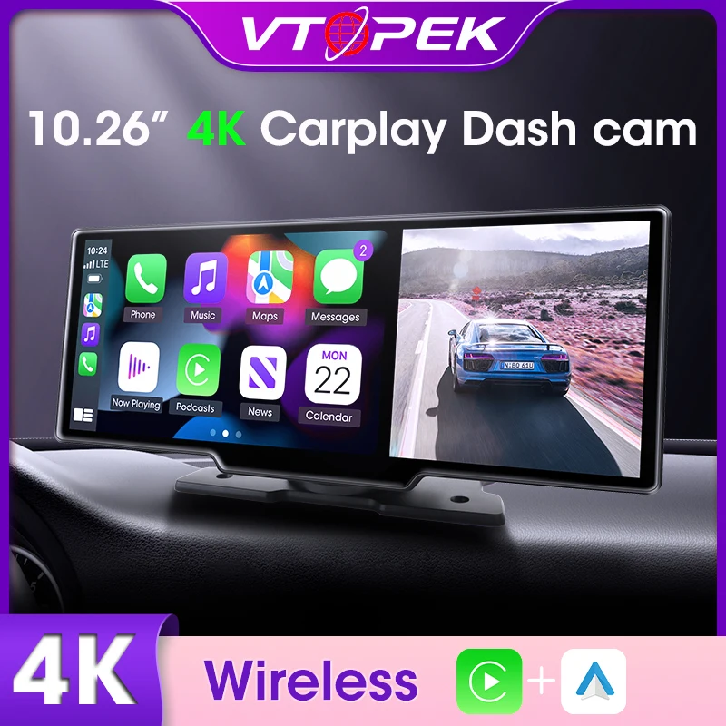 Автомобильный видеорегистратор Vtopek, 10,26 дюйма, 4K, поддержка Carplay и Android