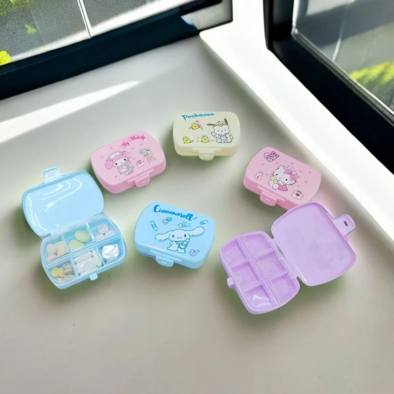 Мультяшная портативная мини-коробка для таблеток Sanrio с Hello Kitty, с шестью отделениями, милый Коричный контейнер для хранения My Melody