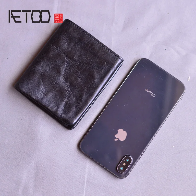 Кожаный кошелек AETOO ручной работы, мужской короткий мягкий кошелек, держатель для документов, молодежный ультратонкий кошелек из воловьей кожи с верхним слоем в стиле ретро