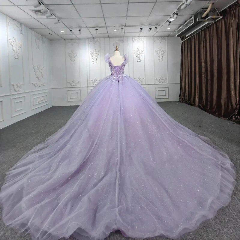 Фото Блестящее Лавандовое платье ANGELSBRIDEP с открытыми плечами, бальное платье принцессы с 3D цветами и бисером, 15 лет №2