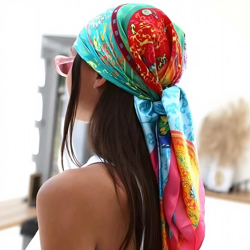 Фото 90 см Mode Echarpe Femmes Chale Style Chinois Imprime Soie атласный хиджаб Femme Marque De Luxe carre Dame Silencieux Foulard Bandann №2