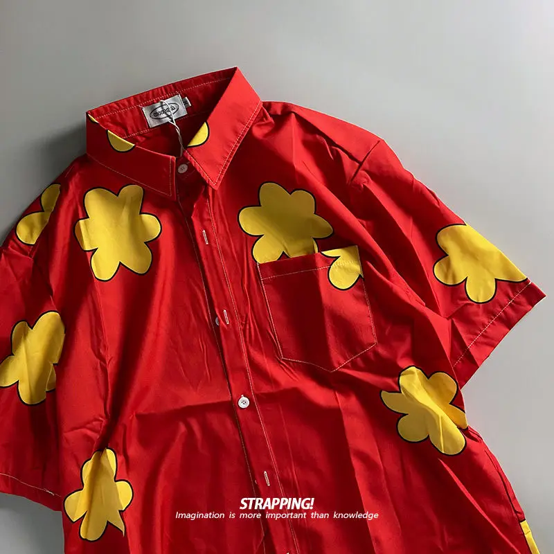 Фото Мужская рубашка с коротким рукавом Red Cartoon Flower, гавайская, винтажная, японская, пляжная одежда, весна и осень, Y2K №2