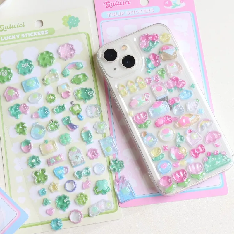 Корейские 3D пухлые хрустальные наклейки Lucky Clover, тюльпан, музыкальные ноты, рельефные наклейки, милые тисненные украшения для скрапбукинга, наклейки