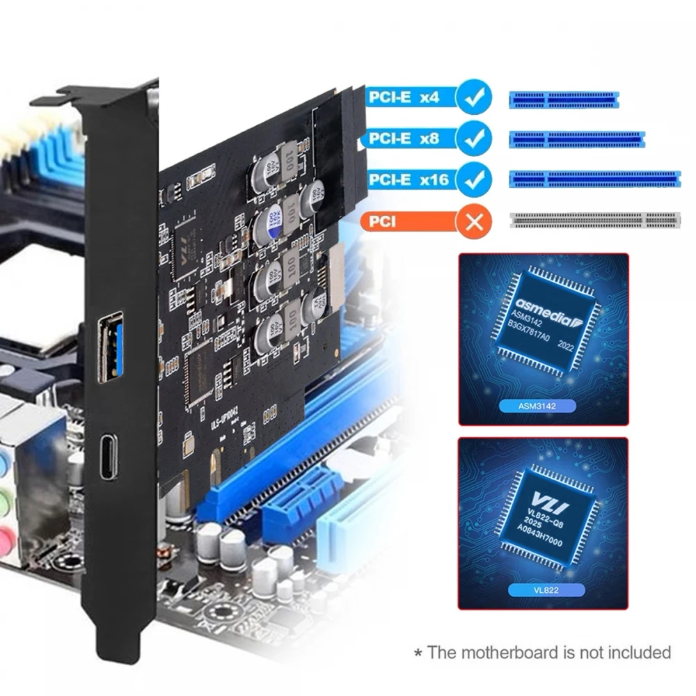 Фото Адаптер PCI-E 3.0 4X Express — USB 3.2 10 Гбит/с с передней розеткой Type-E, 19-контактная/20-контактная карта USB-C типа A ASM3142 VL822 №3