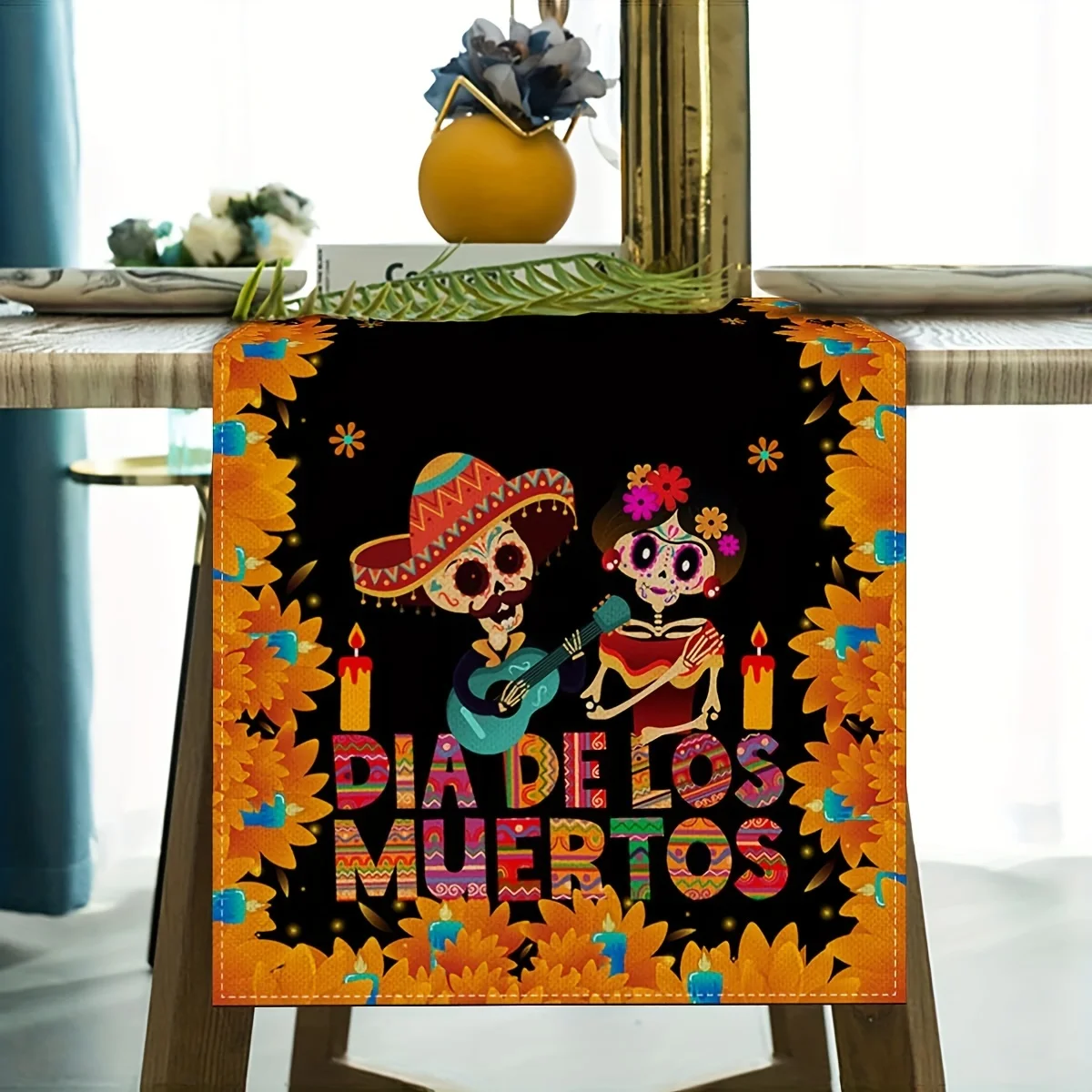 Фото Мексиканские льняные дорожки для стола «День мертвых» Мексика Dia De Los Muertos Скатерть с сахарным черепом для домашней вечеринки Декор обеденного стола №5