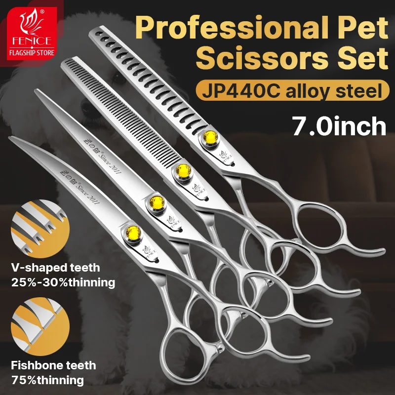 Fenice Professional Yellow Diamond 7,0-дюймовые ножницы для ухода за собаками, набор ножниц из японской нержавеющей стали 440C для стрижки собак Товары для питомцев