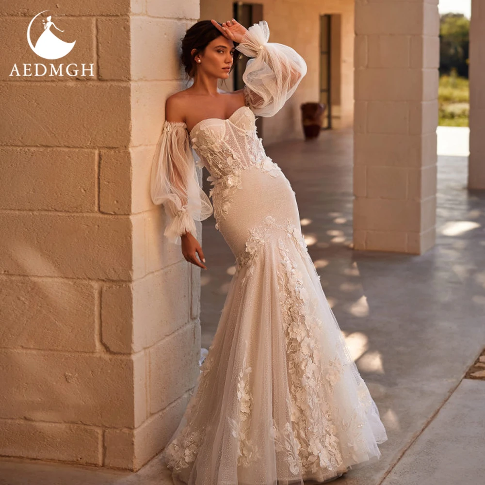 Aedmgh Русалка Винтажные свадебные платья без бретелек с длинным рукавом Vestido De Novia Кружевные аппликации 3D цветы Свадебное платье на заказ