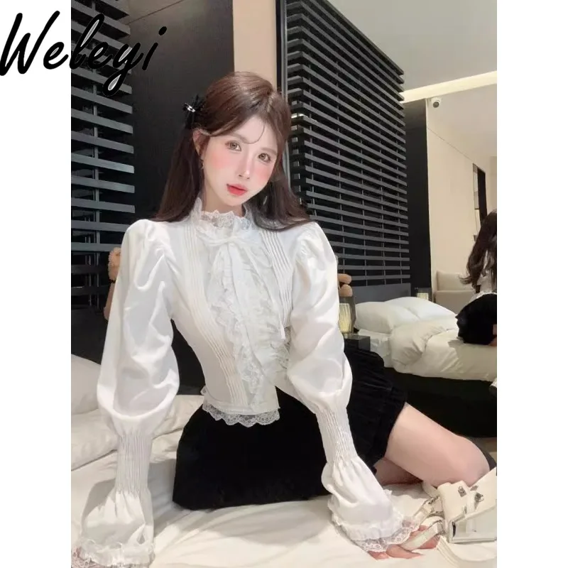 Фото Универсальные рубашки с длинным рукавом Sweet Lace Bubble Ropa Mujer, осенние милые французские рубашки в придворном стиле, облегающие женские роскошные Koszule I Bluzki №5