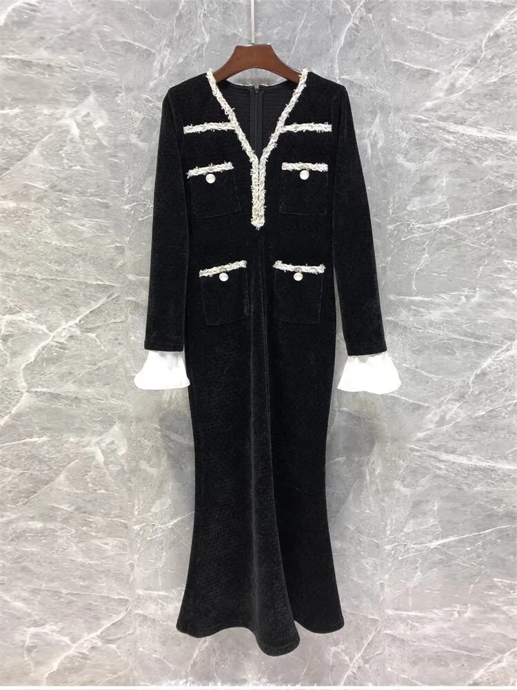 Quality Autumn Winter White Black Velvet Long Sleeve Mermaid Fishtail Evening Dress For Women Pencil Midi Party Dresses Lady