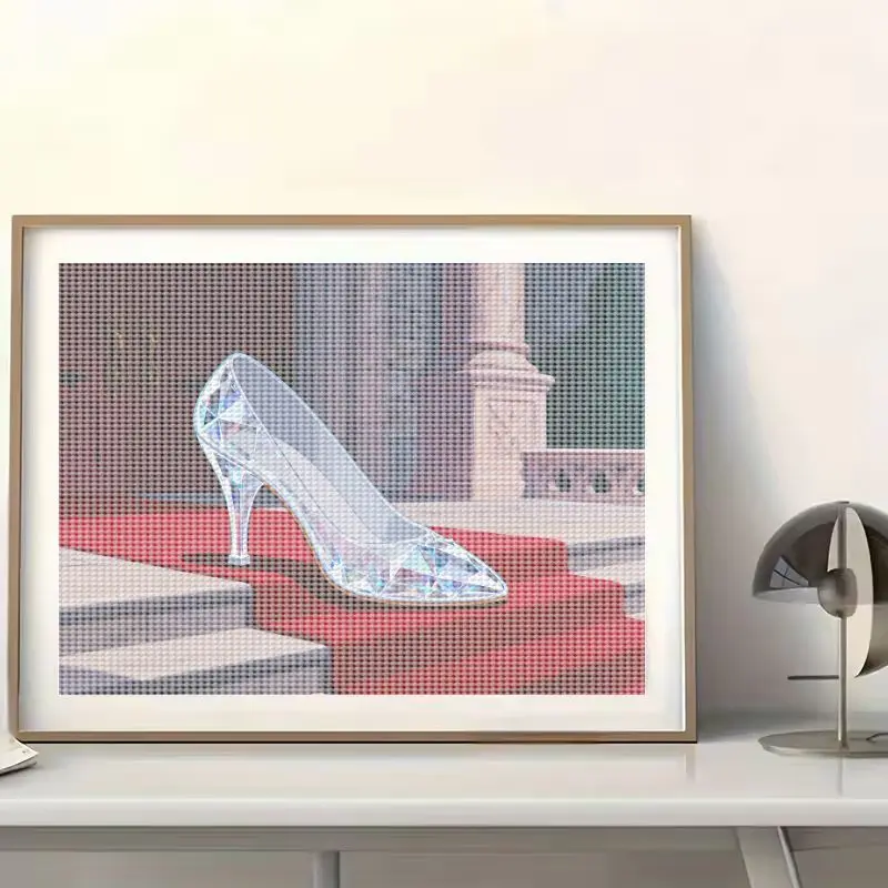 Фото 1 шт. 5D DIY Full Drill Diamond Painting Kit, сверкающие стеклянные тапочки Золушки на королевской красной ковровой дороге, хрустальный высокий каблук Gem Art Rh №3