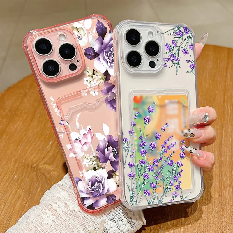 Фиолетовый лавандовый чехол для телефона iPhone 17 Air 16 15 Pro 17 16e 15 14 13 Pro Max 12 11 Противоударный прозрачный чехол из ТПУ с карманом для карты