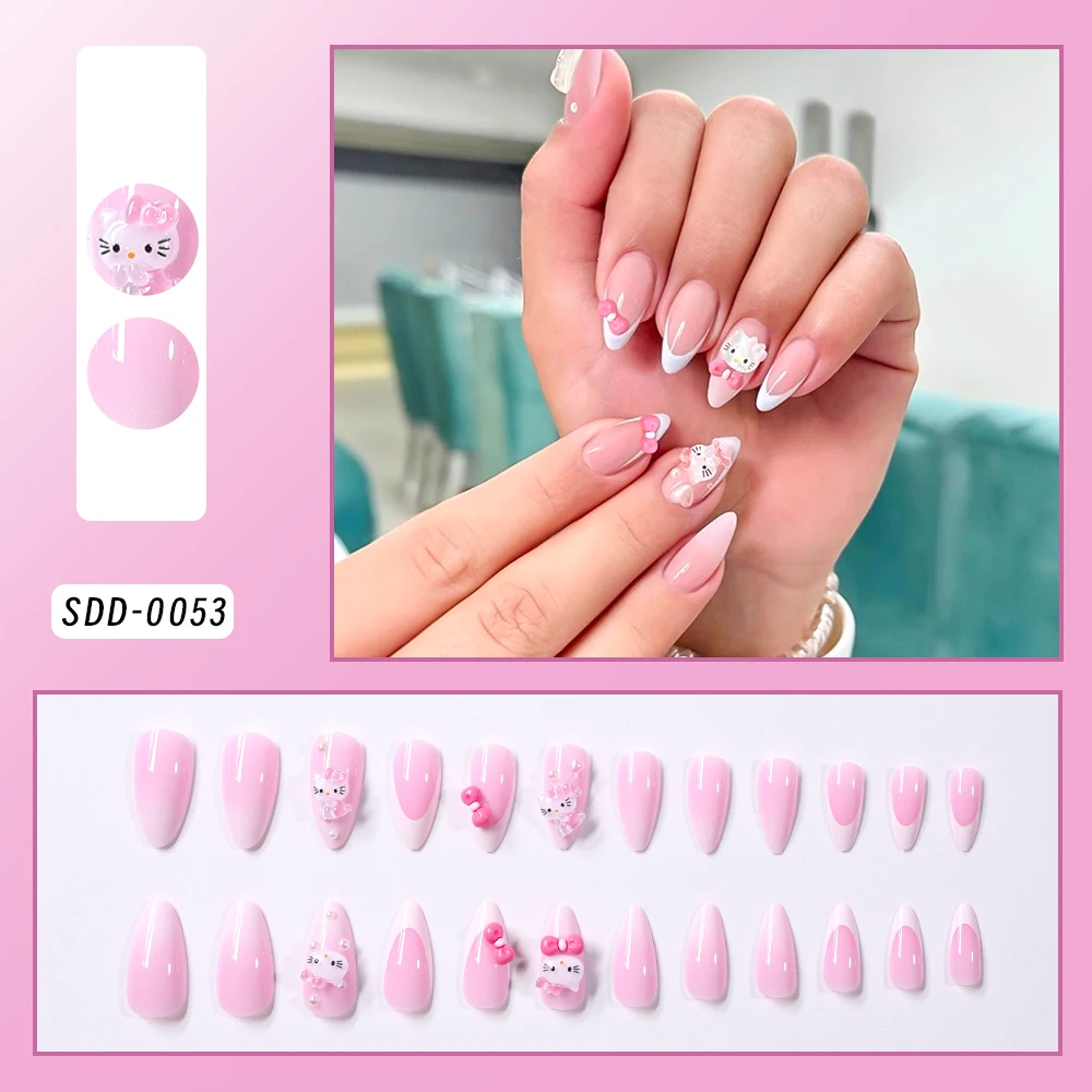 Фото 24 шт. розовый миндаль Hello Kitty Press on Nails Lovely Cartoon Kitty Head Bow Fake Nail Tips Y2k накладные ногти патчи для девочек подарок №2