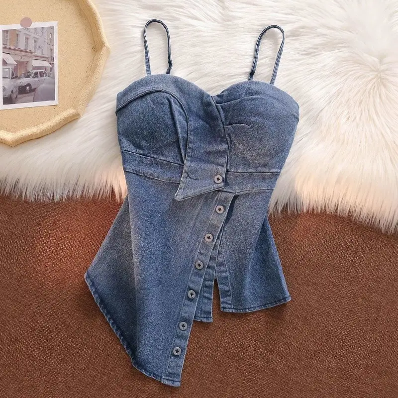 Фото Y2K Tank Top Woman Pure Desire Сексуальный джинсовый жилет Женская нагрудная подушка Асимметричный облегающий однотонный топ на подтяжках с завязками на талии №2