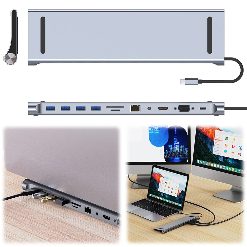 Фото Док-станция 11 в 1 USB C, 100 Вт, PD SD/TF, аудиоконцентратор USB C, многопортовый адаптер с тройным дисплеем для ноутбуков Dell/Surface/HP/Lenovo №3