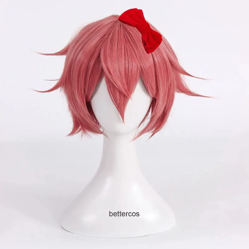 Doki Doki Literature Club Sayori парик для косплея короткий розовый красный термостойкий парик из синтетических волос парик шапка бант шпилька