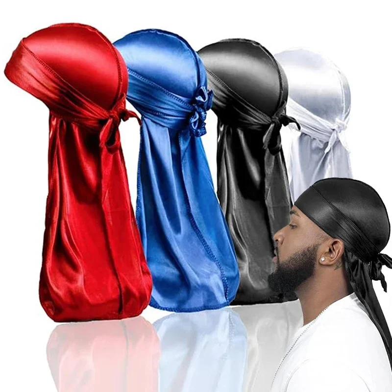 Фото Новая шелковая бандана Durag, тюрбан, мужская дышащая тряпка с длинным хвостом для мужчин, повязка на голову Durags Pirate Hat №2