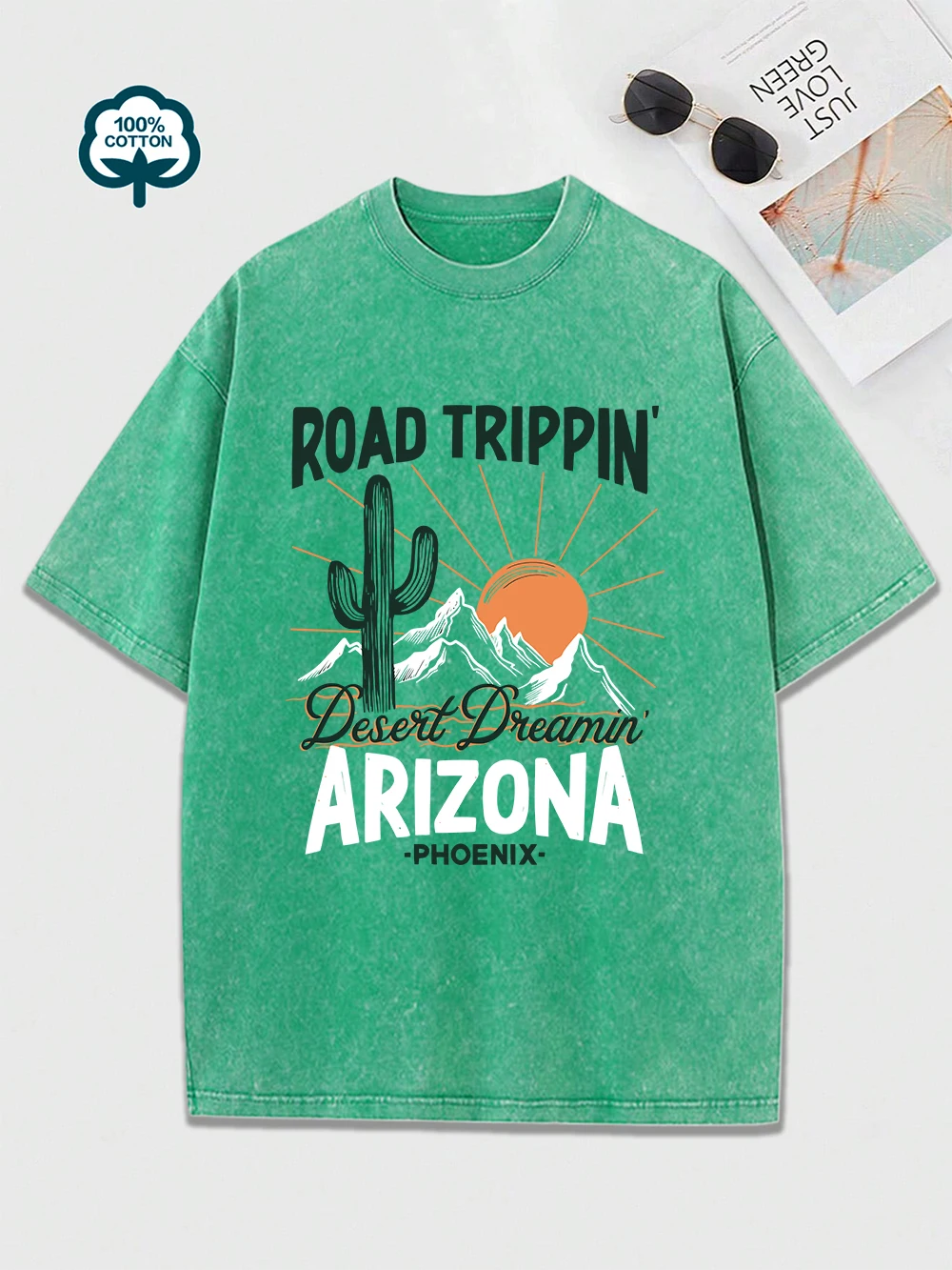 Фото Промытая футболка с принтом Road Trippin Arizona, женская хлопковая футболка большого размера, удобные топы с круглым вырезом, летняя одежда №5