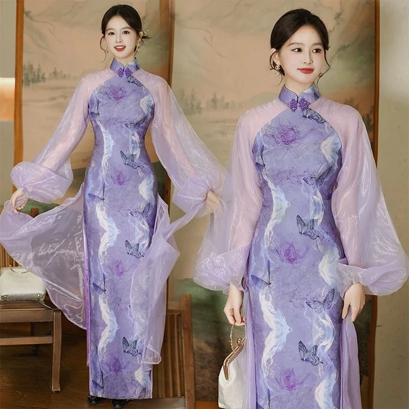 Летние женские традиционные Aodai Cheongsam с восточным цветочным принтом, винтажные вьетнамские вечерние длинные платья Этническая одежда