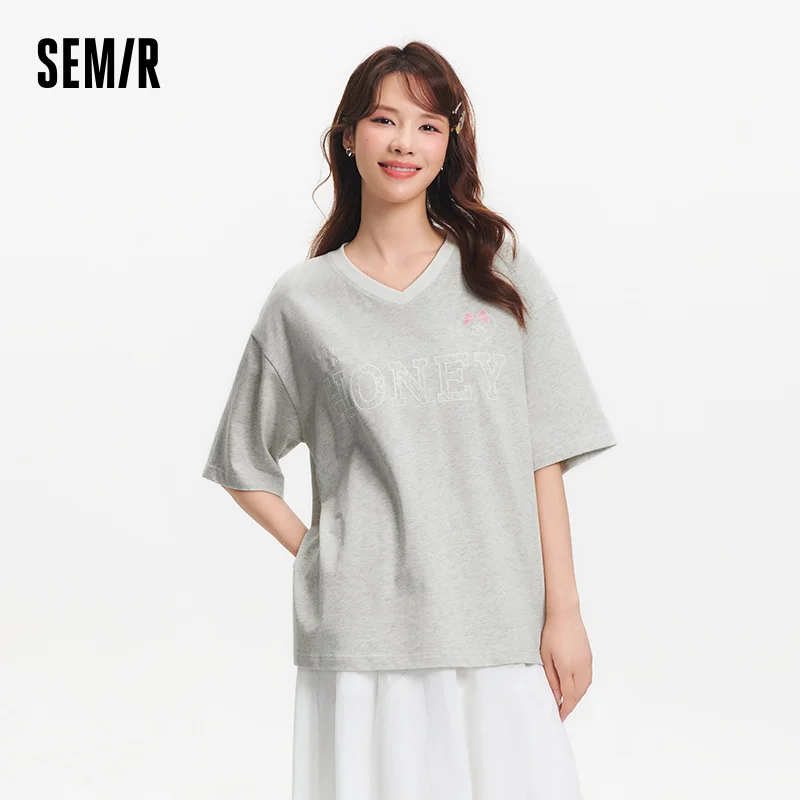 Semir большая футболка с v-образным вырезом, женская кружевная вышивка, длинная хлопковая футболка, новинка лета 2025 г., элегантная блузка