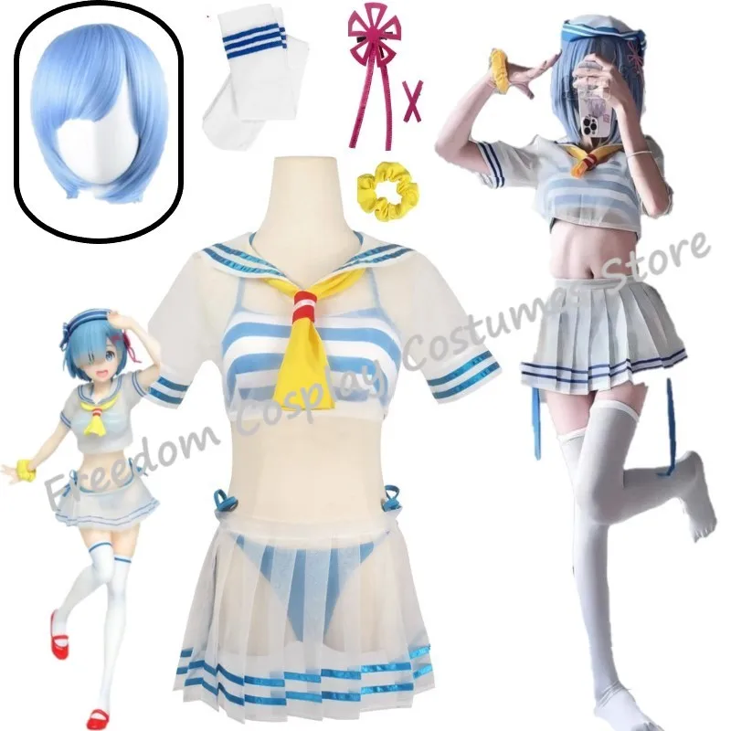 Rem Ram Anime Re: Жизнь в другом мире от нуля Косплей Костюм Rem Maid Girls Sailor Suit Летняя короткая юбка Одежда парик