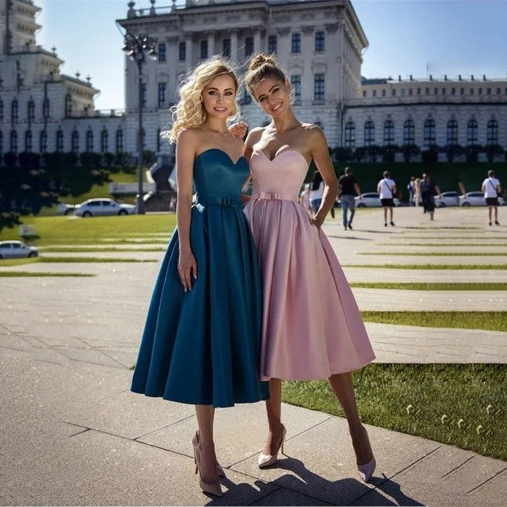 Индивидуальное MYYBLE Vestido de Festa без бретелек трапециевидной формы с милым бантом и поясом, удивительные платья для выпускного вечера длиной до чая, вечернее платье Платья для особых случаев