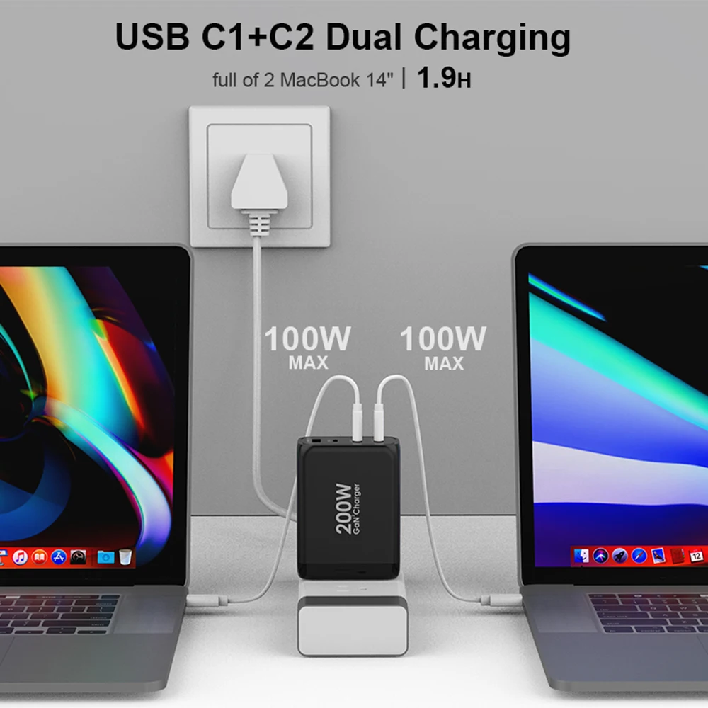 Фото Зарядное устройство Ubigbuy USB C, 200 Вт, 4 порта, блок питания GaN для быстрой зарядки Type C, адаптер питания PD3.0/PPS/QC5 для Samsung, MacBook, iPhone, iPad №3