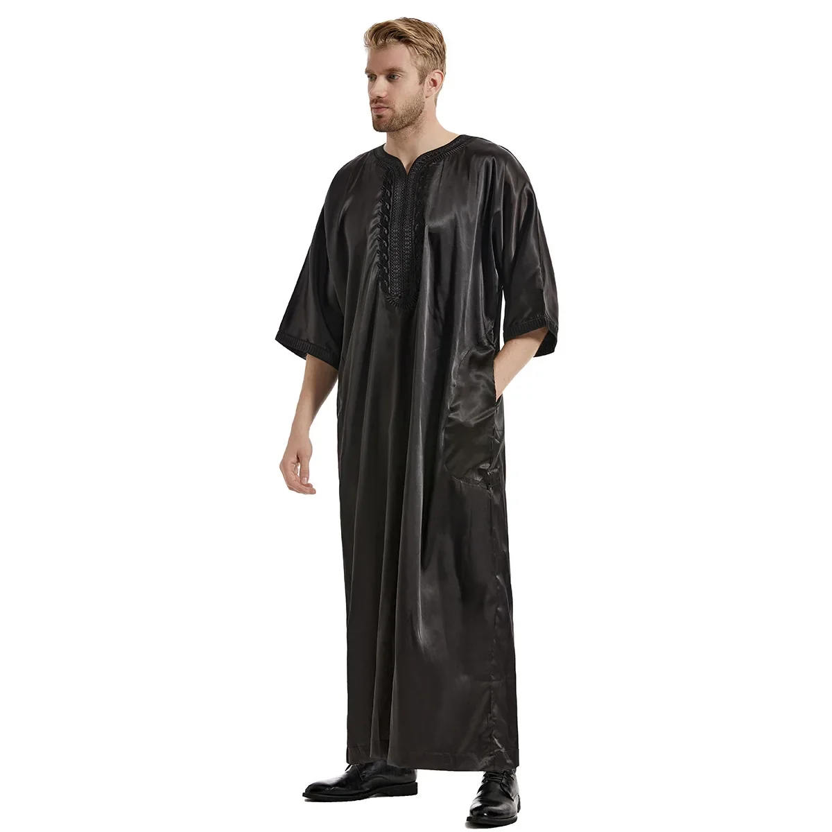 Фото ИД Рамадан мусульманское мужское платье Jubba Thobe Исламская атласная абайя с вышивкой длинное платье мусульманский тавб кафтан Абайи Юба Дубай Арабский №3