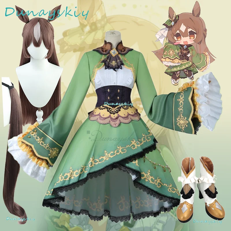Игра Umamusume: Pretty Derby Satono Diamond Косплей Костюм Парик Зеленая Униформа Платье Хвост Хэллоуин Костюм Карнавальная Вечеринка