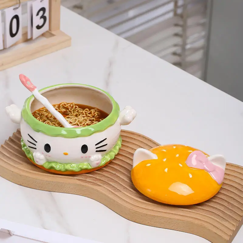 Фото Керамическая чашка с рисунком «Hello Kitty's», миска для супа, красивая, большая вместимость, бытовая, есть ложка, модный милый праздничный подарок №3