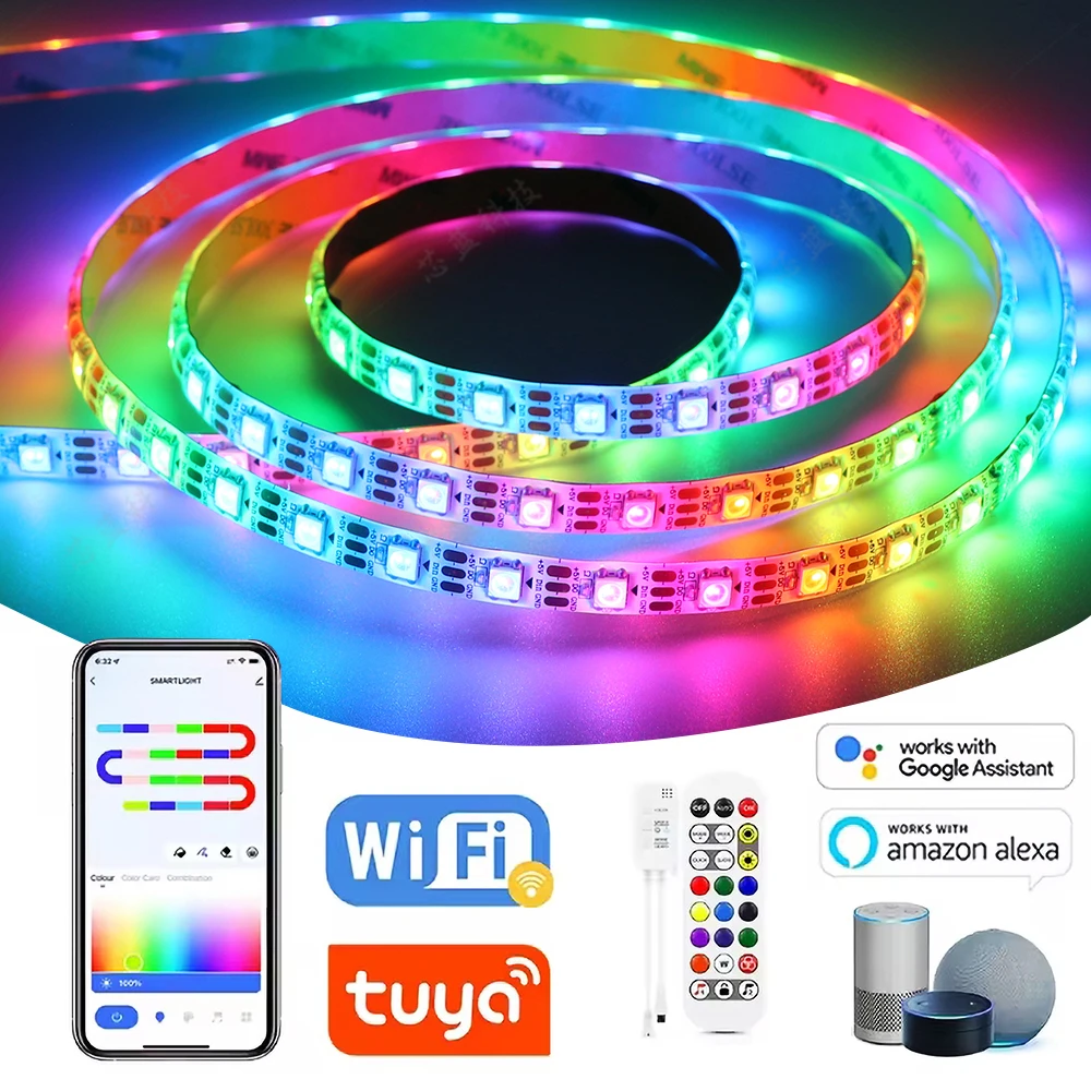 Светодиодная лента WS2812B TUYA Wifi RGBIC с управлением через приложение, адресная, с эффектом бегущих огней, 5В, для Alexa и Google LED