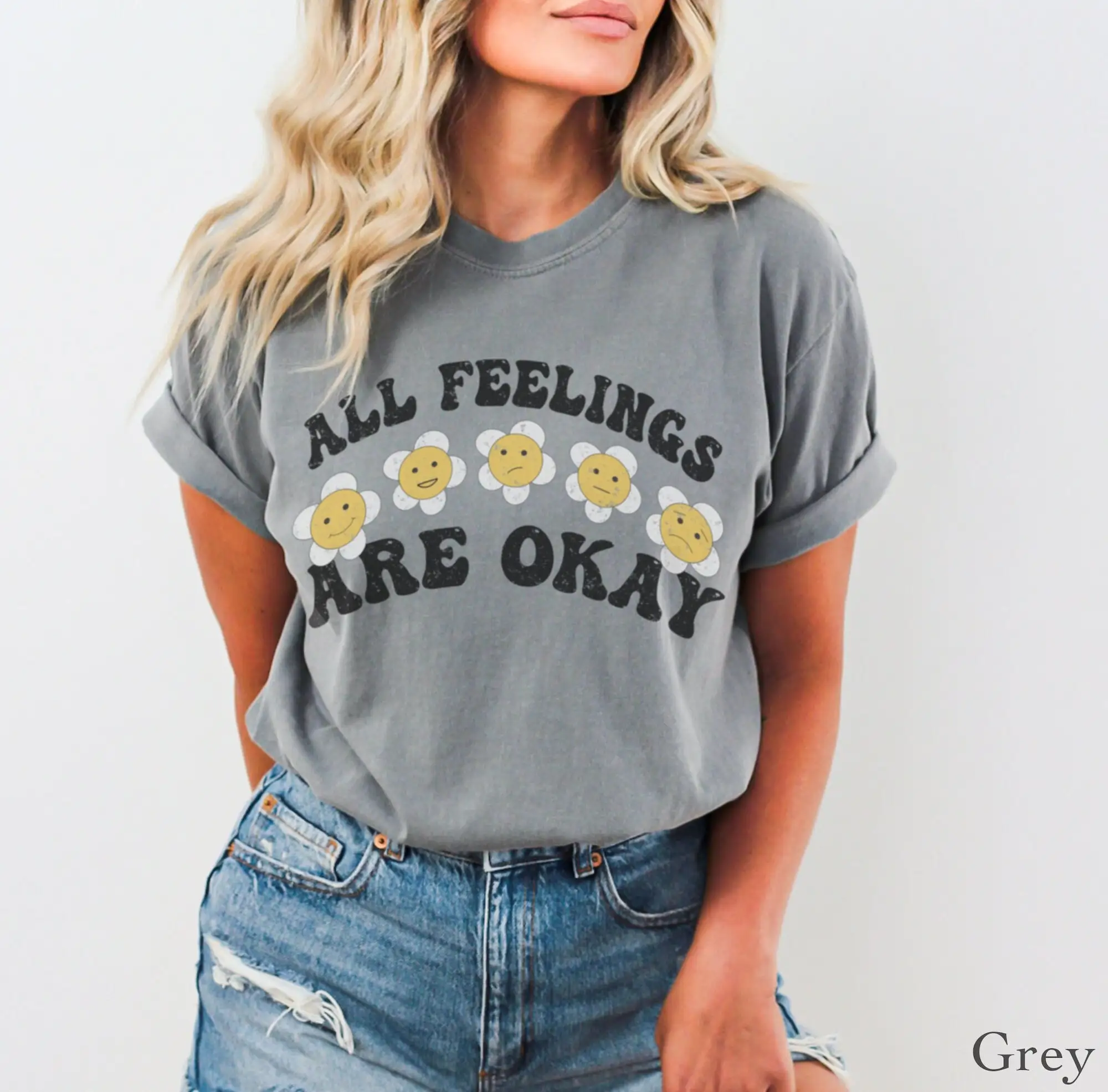 Футболка All Feelings Are Ok Comfort Colors Vintage Vibe в стиле ретро с цветочным принтом, вдохновляющие имеет психическое здоровье