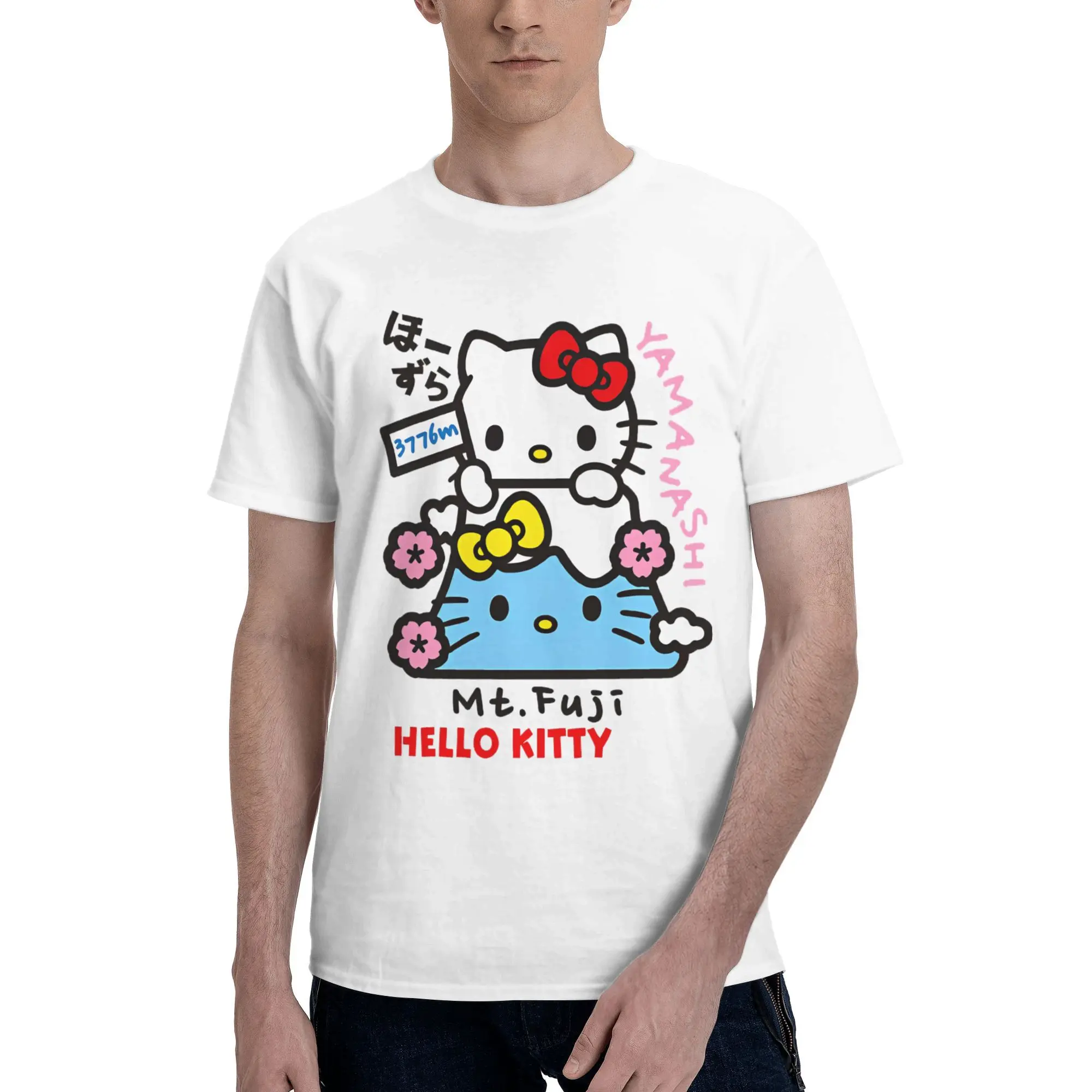 Мужская футболка Hello Kitty Yamanashi Mt Fuji, топы из 100% хлопка, новинка, футболки с круглым вырезом и короткими рукавами, летние футболки