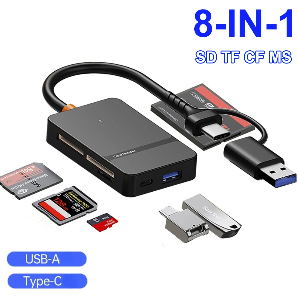 Устройство чтения карт USB C 8-в-1 Поддержка карт SD/TF/CF/MS Запись чтения U-диска Многофункциональное устройство чтения карт для портативных ПК Устройство чтения смарт-карт