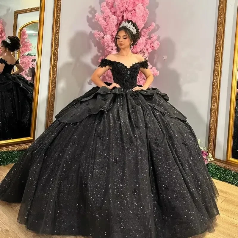 ANGELSBRIDEP блестящие черные платья Quinceanera с бантом на спине и кристаллами кружева с открытыми плечами Vestidos De 15 Anos для дня рождения по индивидуальному заказу