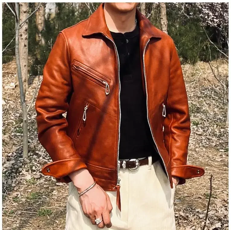 Фото LNY Shop Top.Classic Rider Cidu роскошное пальто из натуральной кожи. Винтажная оранжевая кожаная куртка 1930. Роскошная итальянская дубленая воловья ткань №2