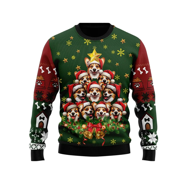 Фото Fashion Dog Christmas Tree Graphic Sweatshirt Doberman Rottweiler Tracksuit Welsh Corgi Husky Unisex Long Sleeve Sweater Y2k Top №4
