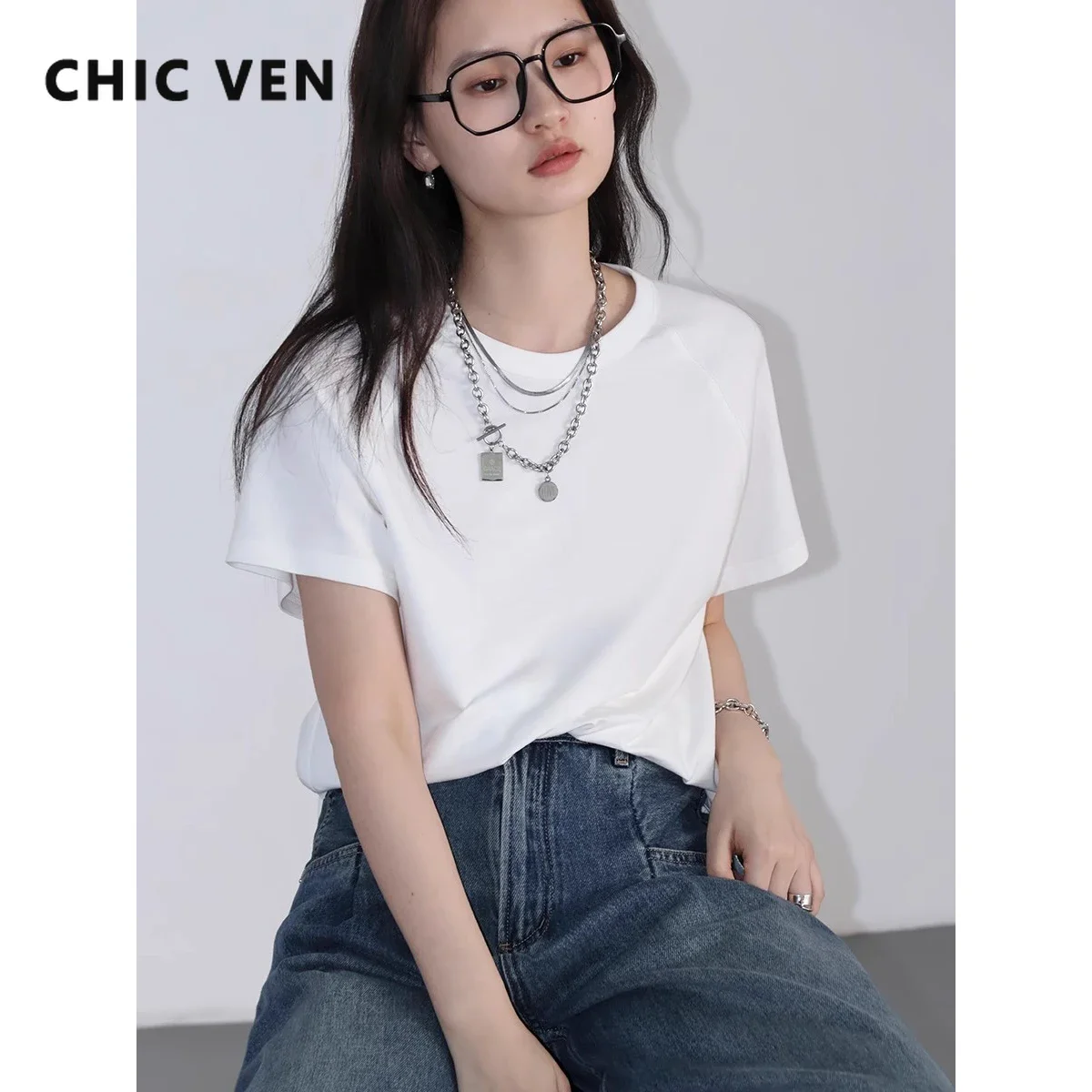 Женские футболки CHIC VEN, тонкие новые базовые однотонные футболки реглан с круглым вырезом, универсальный женский топ с короткими рукавами, летние футболки 2024
