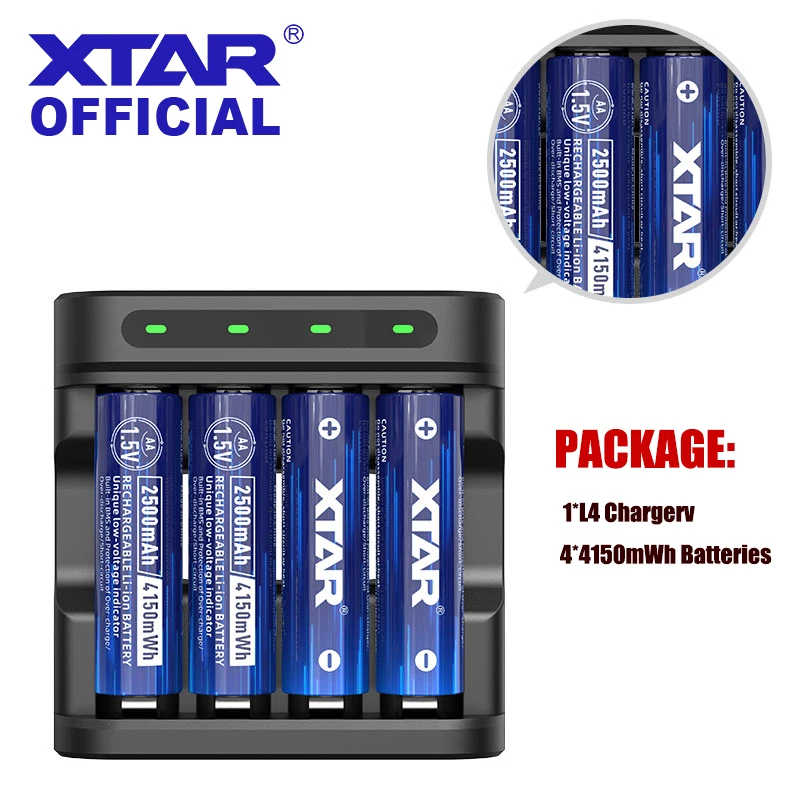 Набор зарядных устройств для аккумуляторов XTAR, 4 шт., 1,5 в, AA, 2500 мвт/ч, 1,5 мАч, литий-ионные аккумуляторы с индикатором яркости + зарядное устройство L4 для аккумуляторов AA, AAA в