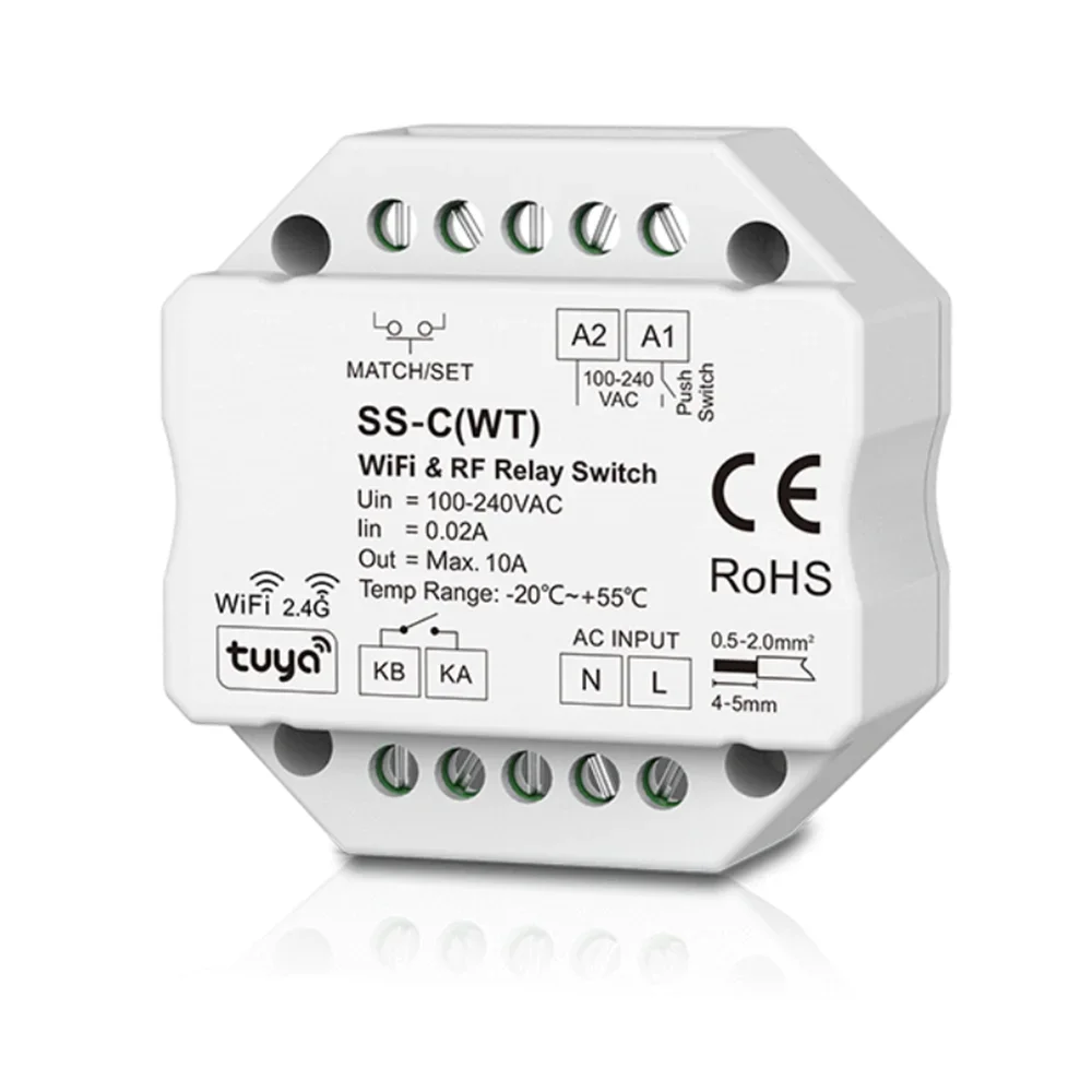 Реле переменного тока 110-220VAC, 1 канал * 10A, Wi-Fi + 2,4G, радиочастотный, релейный контроллер, фотоконвертер (WT), приложение Tuya для мобильного телефона, лампы с нерегулируемой яркостью