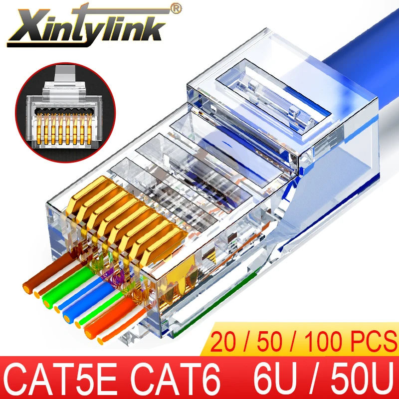 Коннектор xintylink rj45 cat6 cat5e 50U/6U, ethernet-кабель с разъемами utp 8P8C rj 45 cat 6, сетевой lan-Разъем cat5, Интернет