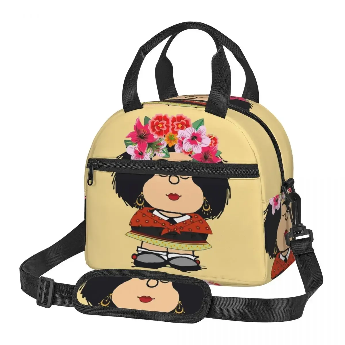 Mafalda Kahlo Fanart Изолированная сумка для обеда с регулируемым плечевым ремнем Большие термохолодильники для обеда с забавными мультяшными едами
